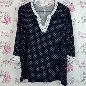 Flora Nikrooz top blouse paisley dotted pattern Navy and White Patterned Blouse